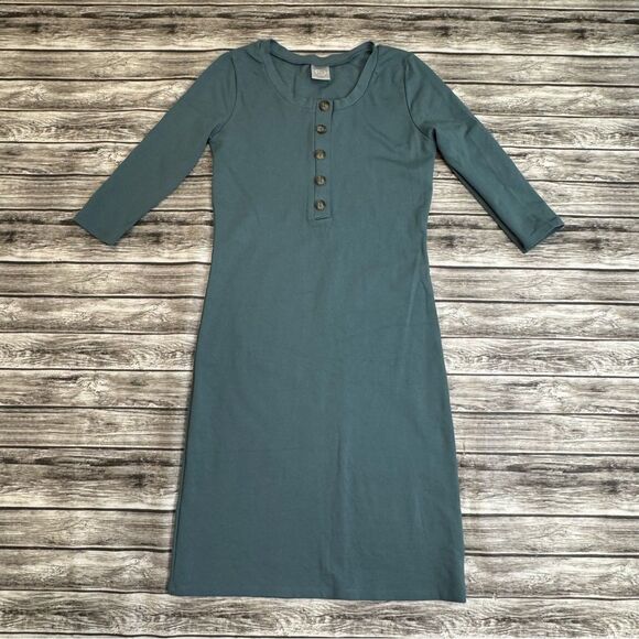 Lou Lou Women's Pencil Dress Muted Teal Blue 5 Button XS Extra Small Stretchy - Picture 1 of 13
